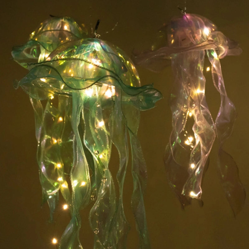 6 Jelly Fish LED Lantern Hanging Lights with Organza Ribbon - Blue and Purple LED_DECO01_SET6_WHBL