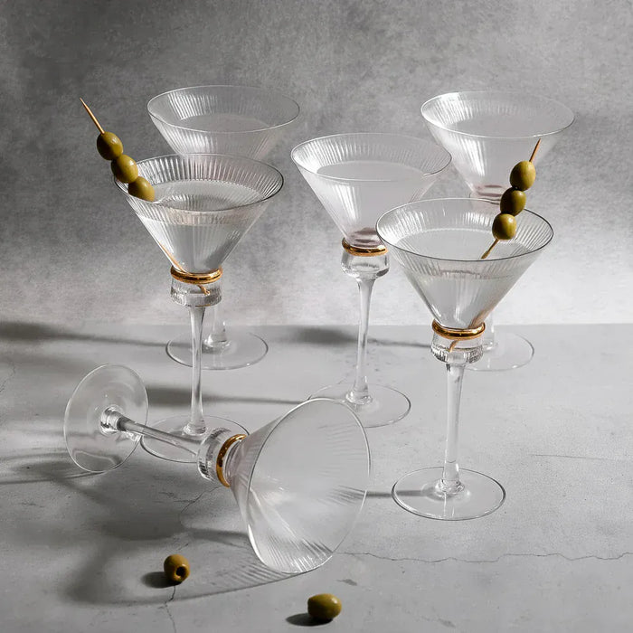 6 Martini Glasses 10oz Ribbed Design with Gold Ring Accent - Clear GLAS_CUMT006_10_CLGD