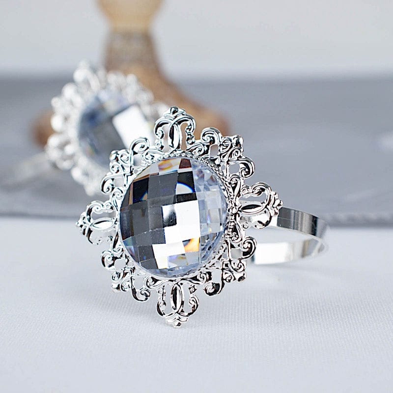 6 Metal 2" Napkin Rings with Large Crystal Rhinestone