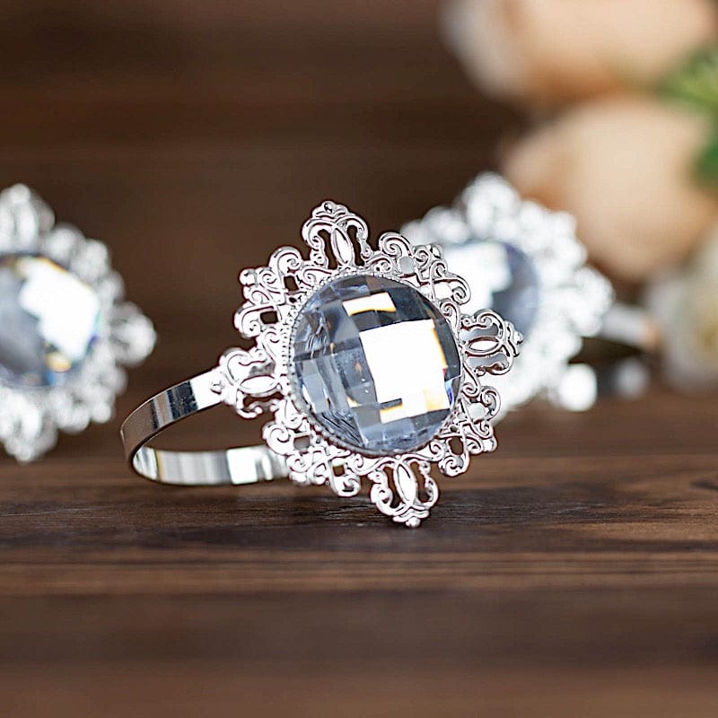 6 Metal 2" Napkin Rings with Large Crystal Rhinestone