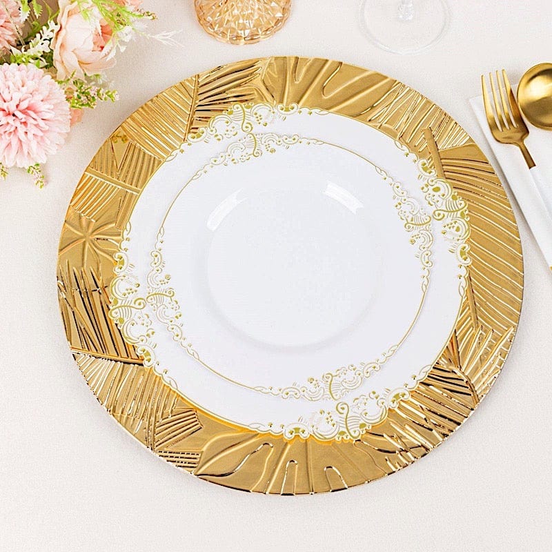 6 Metallic 13" Acrylic Plastic Charger Plates with Embossed Tropical Leaves - Gold CHRG_PLST0037_GOLD