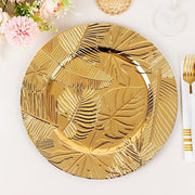 6 Metallic 13" Acrylic Plastic Charger Plates with Embossed Tropical Leaves - Gold CHRG_PLST0037_GOLD