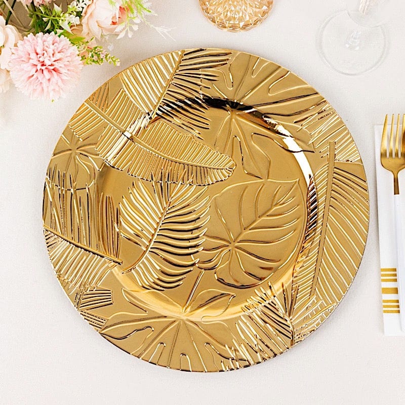 6 Metallic 13" Acrylic Plastic Charger Plates with Embossed Tropical Leaves - Gold CHRG_PLST0037_GOLD