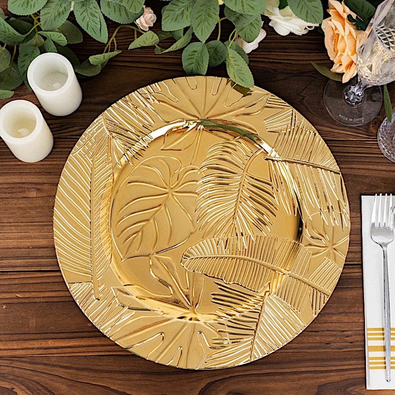 6 Metallic 13" Acrylic Plastic Charger Plates with Embossed Tropical Leaves - Gold CHRG_PLST0037_GOLD