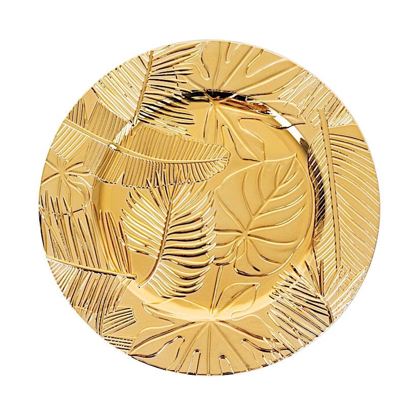 6 Metallic 13" Acrylic Plastic Charger Plates with Embossed Tropical Leaves - Gold CHRG_PLST0037_GOLD