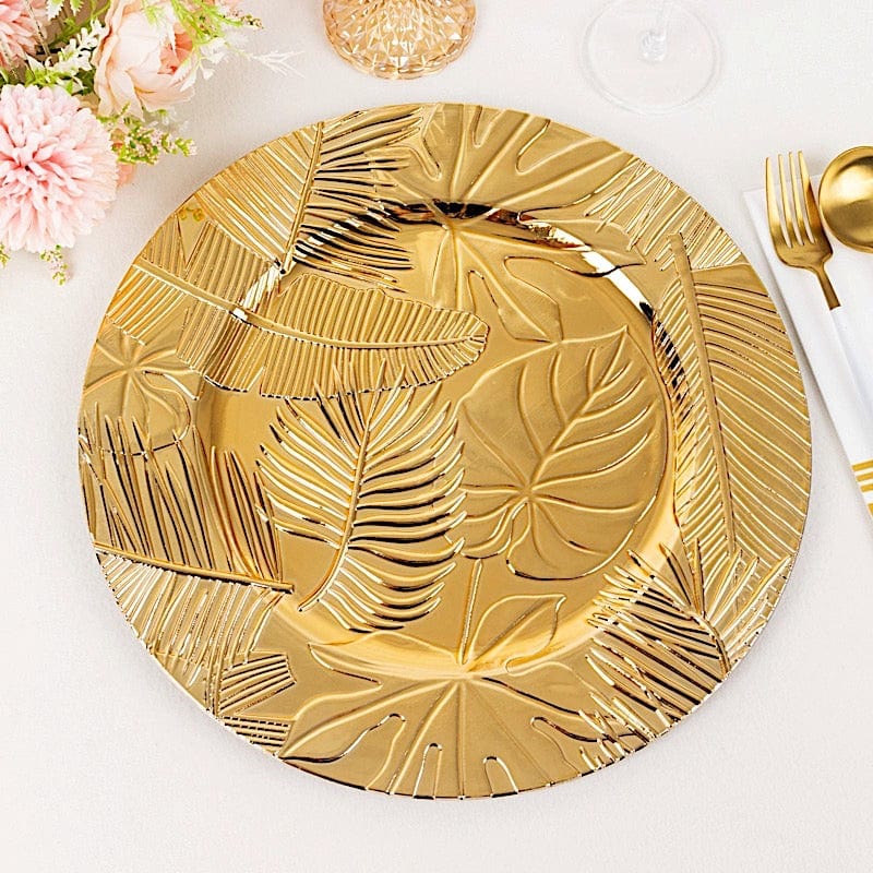 6 Metallic 13" Acrylic Plastic Charger Plates with Embossed Tropical Leaves - Gold CHRG_PLST0037_GOLD