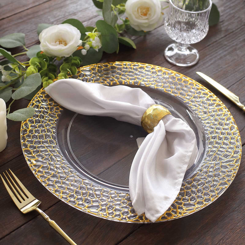 6 Metallic 13" Acrylic Round Charger Plates with Hammered Rim - Clear and Gold CHRG_PLST0046_CLGD