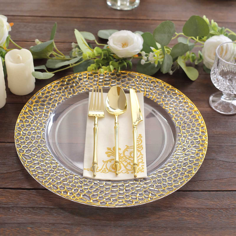 6 Metallic 13" Acrylic Round Charger Plates with Hammered Rim - Clear and Gold CHRG_PLST0046_CLGD