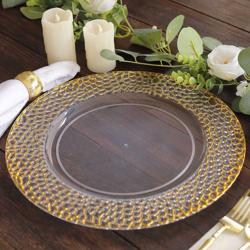 6 Metallic 13" Acrylic Round Charger Plates with Hammered Rim - Clear and Gold CHRG_PLST0046_CLGD