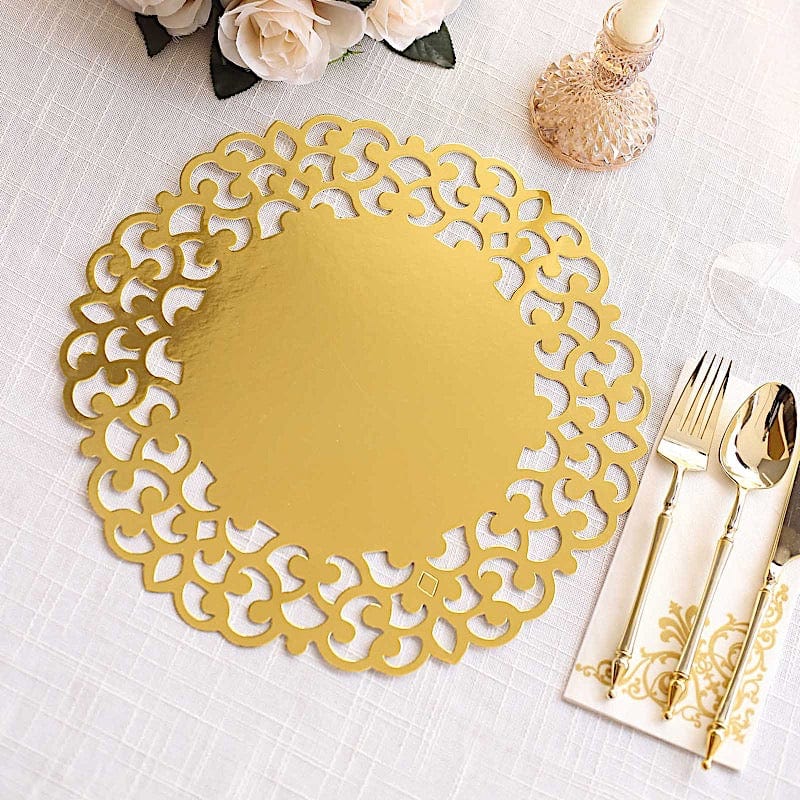 6  Metallic 13" Laser Cut Cardboard Placemats with Floral Rim - Gold DSP_CHRG_R0015_GOLD