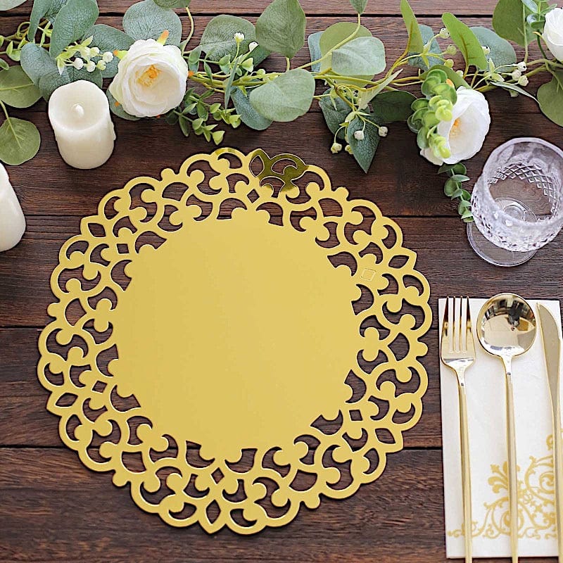 6  Metallic 13" Laser Cut Cardboard Placemats with Floral Rim - Gold DSP_CHRG_R0015_GOLD