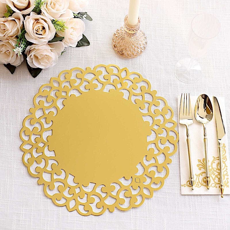 6  Metallic 13" Laser Cut Cardboard Placemats with Floral Rim - Gold DSP_CHRG_R0015_GOLD