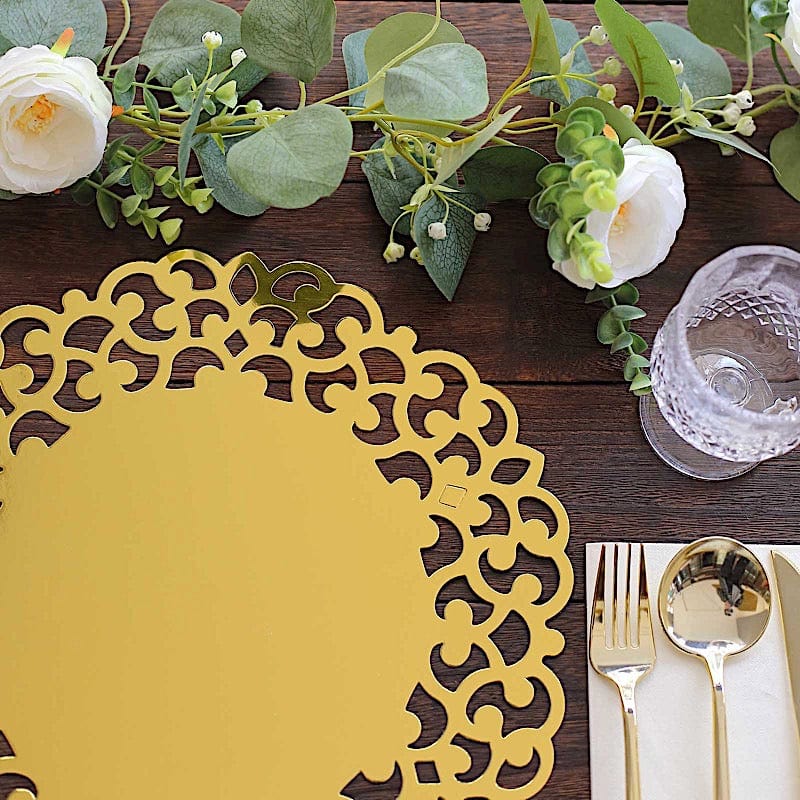 6  Metallic 13" Laser Cut Cardboard Placemats with Floral Rim - Gold DSP_CHRG_R0015_GOLD