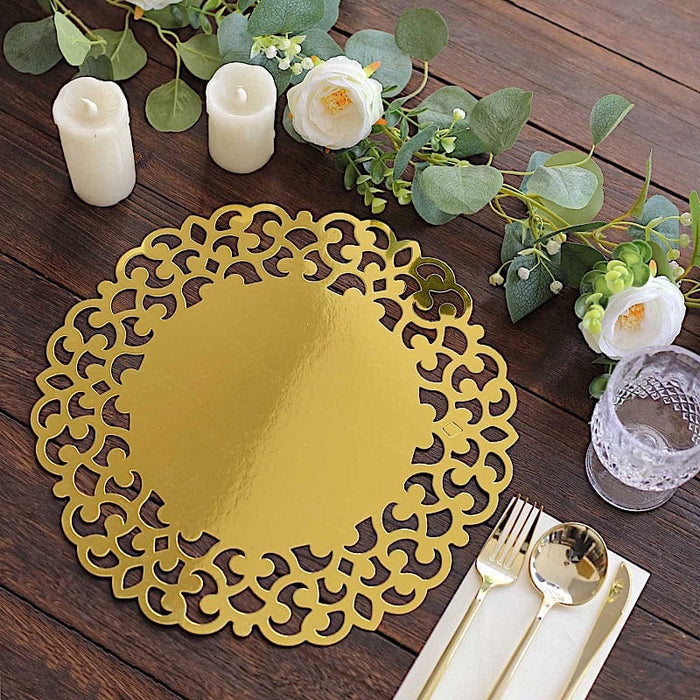 6  Metallic 13" Laser Cut Cardboard Placemats with Floral Rim - Gold DSP_CHRG_R0015_GOLD