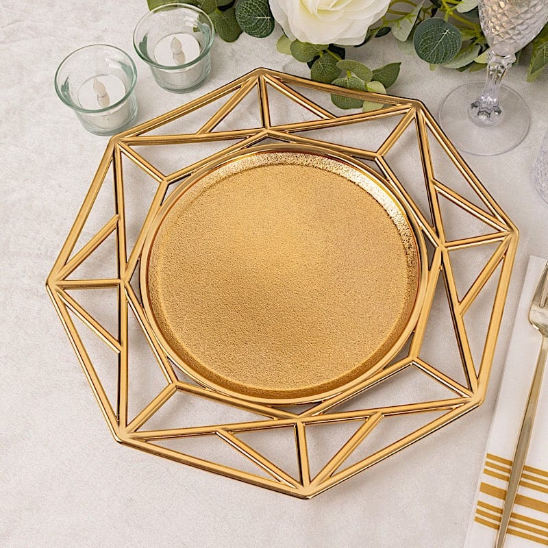 6 Octagon 13" Metallic Acrylic Plastic Charger Plates with Hollow Geometric Rim CHRG_PLST0039_GOLD
