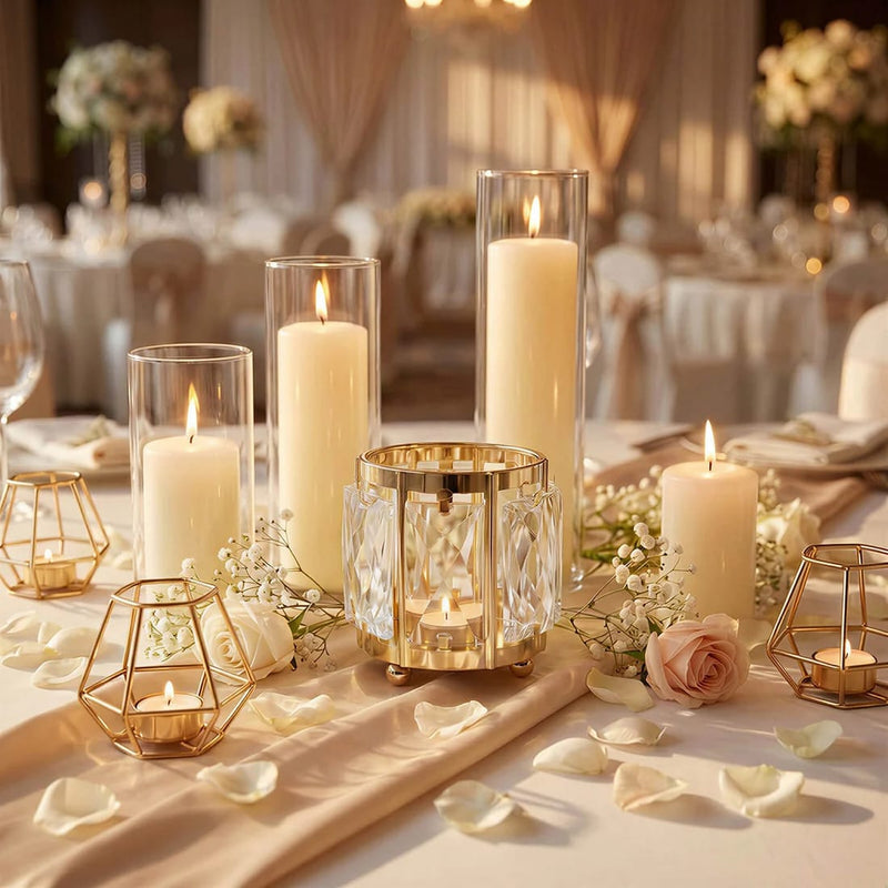 6 Pack 3" Votive Candle Holders with Faceted Crystal Pendant Panels - Gold CHDLR_CAND_042L_3_GOLD
