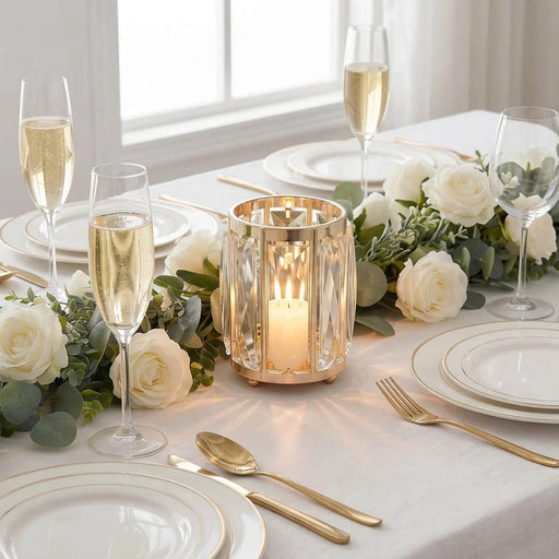 6 Pack 5" Votive Candle Holders with Faceted Crystal Pendant Panels - Gold CHDLR_CAND_042L_5_GOLD