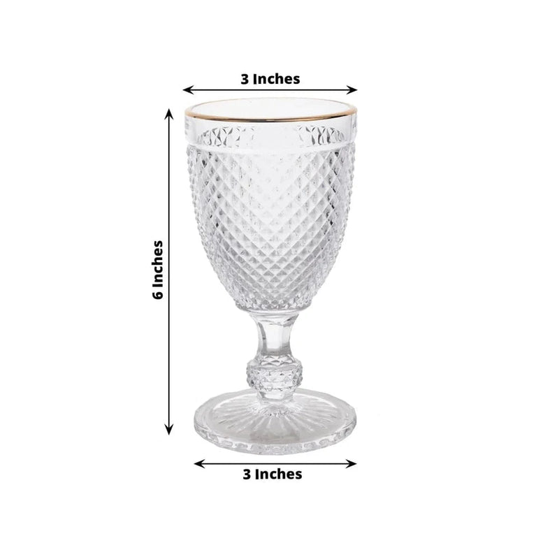 6 pack 8 oz Glass Wine Goblets with Gold Rim and Embossed Diamond Pattern - Clear GLAS_CUWN003_8_CLGD