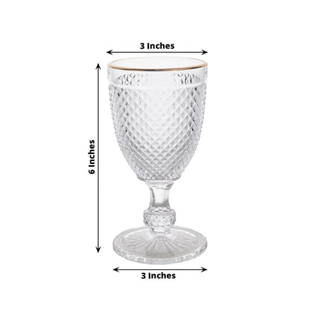 6 pack 8 oz Glass Wine Goblets with Gold Rim and Embossed Diamond Pattern - Clear GLAS_CUWN003_8_CLGD