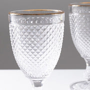 6 pack 8 oz Glass Wine Goblets with Gold Rim and Embossed Diamond Pattern - Clear GLAS_CUWN003_8_CLGD