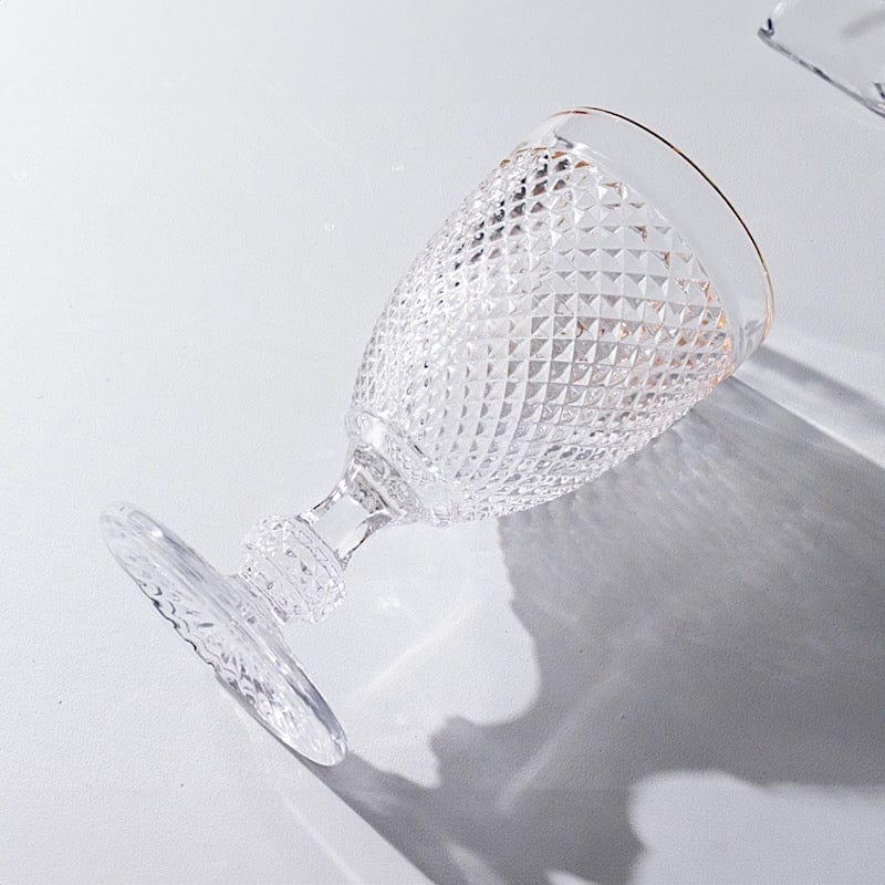 6 pack 8 oz Glass Wine Goblets with Gold Rim and Embossed Diamond Pattern - Clear GLAS_CUWN003_8_CLGD