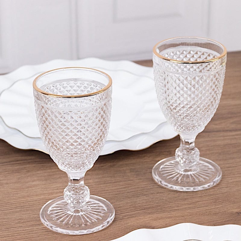 6 pack 8 oz Glass Wine Goblets with Gold Rim and Embossed Diamond Pattern - Clear GLAS_CUWN003_8_CLGD