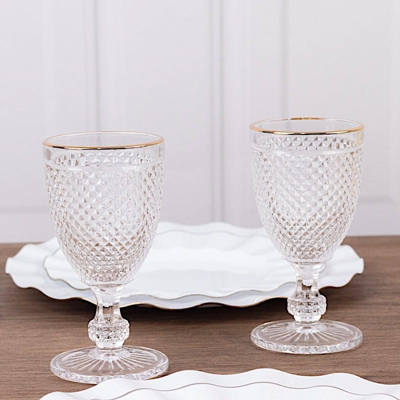 6 pack 8 oz Glass Wine Goblets with Gold Rim and Embossed Diamond Pattern - Clear GLAS_CUWN003_8_CLGD