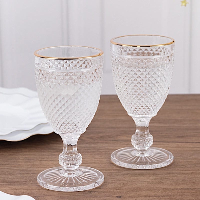 6 pack 8 oz Glass Wine Goblets with Gold Rim and Embossed Diamond Pattern - Clear GLAS_CUWN003_8_CLGD