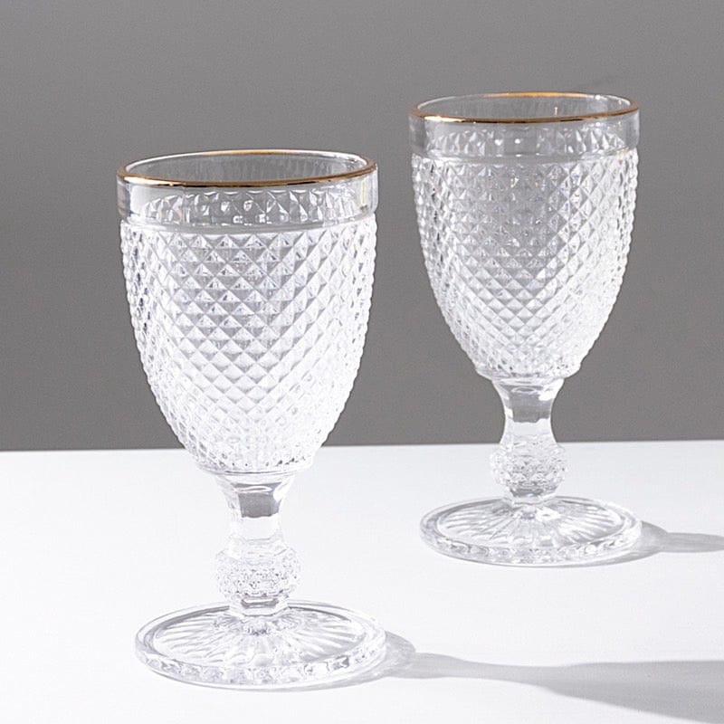 6 pack 8 oz Glass Wine Goblets with Gold Rim and Embossed Diamond Pattern - Clear GLAS_CUWN003_8_CLGD