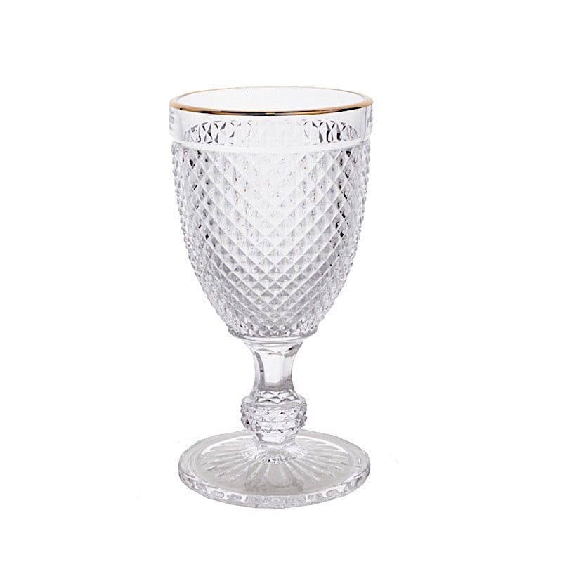 6 pack 8 oz Glass Wine Goblets with Gold Rim and Embossed Diamond Pattern - Clear GLAS_CUWN003_8_CLGD