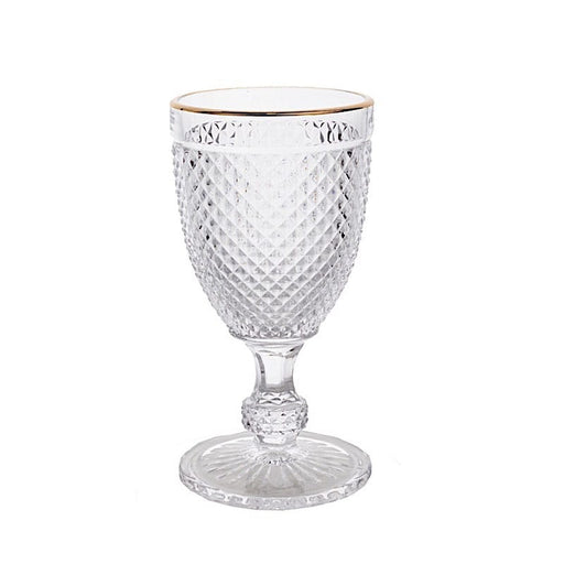 6 pack 8 oz Glass Wine Goblets with Gold Rim and Embossed Diamond Pattern - Clear GLAS_CUWN003_8_CLGD
