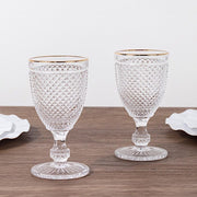 6 pack 8 oz Glass Wine Goblets with Gold Rim and Embossed Diamond Pattern - Clear GLAS_CUWN003_8_CLGD