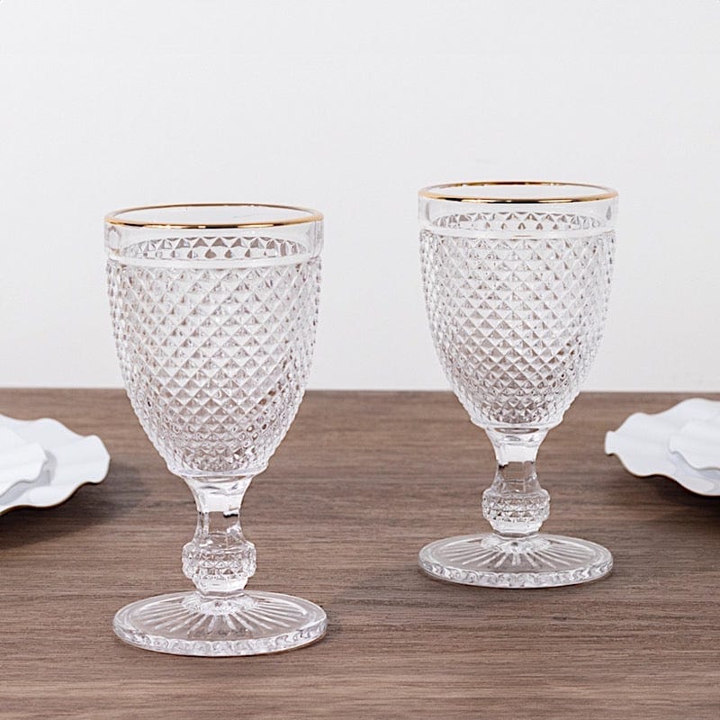 6 pack 8 oz Glass Wine Goblets with Gold Rim and Embossed Diamond Pattern - Clear GLAS_CUWN003_8_CLGD