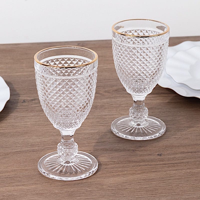 6 pack 8 oz Glass Wine Goblets with Gold Rim and Embossed Diamond Pattern - Clear GLAS_CUWN003_8_CLGD