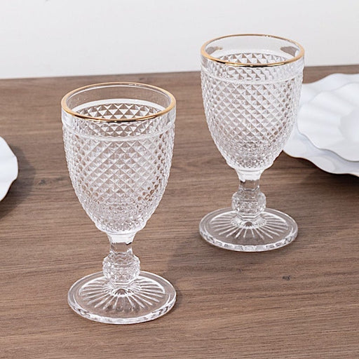 6 pack 8 oz Glass Wine Goblets with Gold Rim and Embossed Diamond Pattern - Clear GLAS_CUWN003_8_CLGD