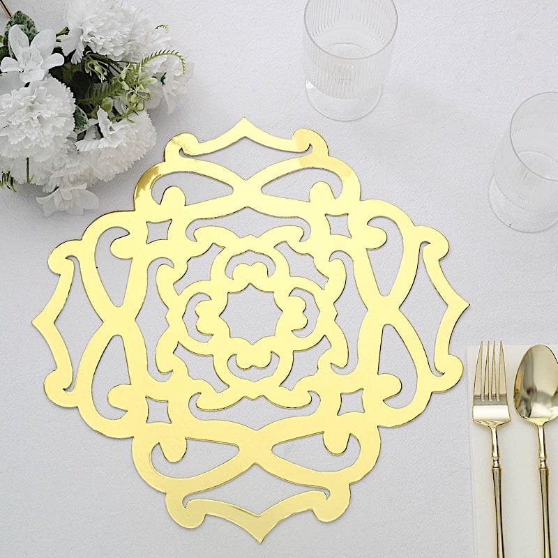6 pcs 13" Metallic Gold Foil Laser Cut Flower Cardboard Placemats - Gold DSP_CHRG_R0007_GOLD