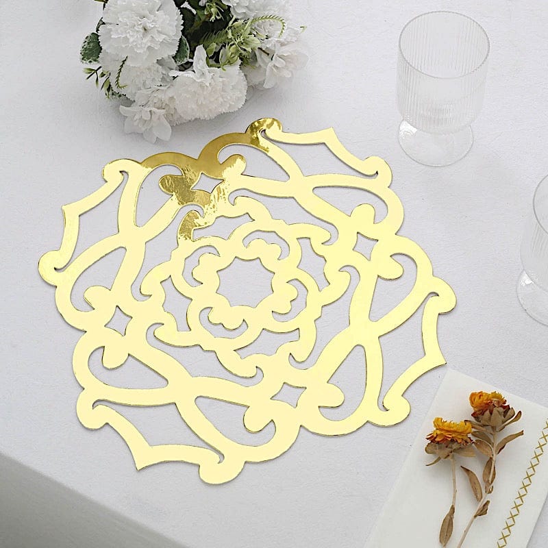 6 pcs 13" Metallic Gold Foil Laser Cut Flower Cardboard Placemats - Gold DSP_CHRG_R0007_GOLD