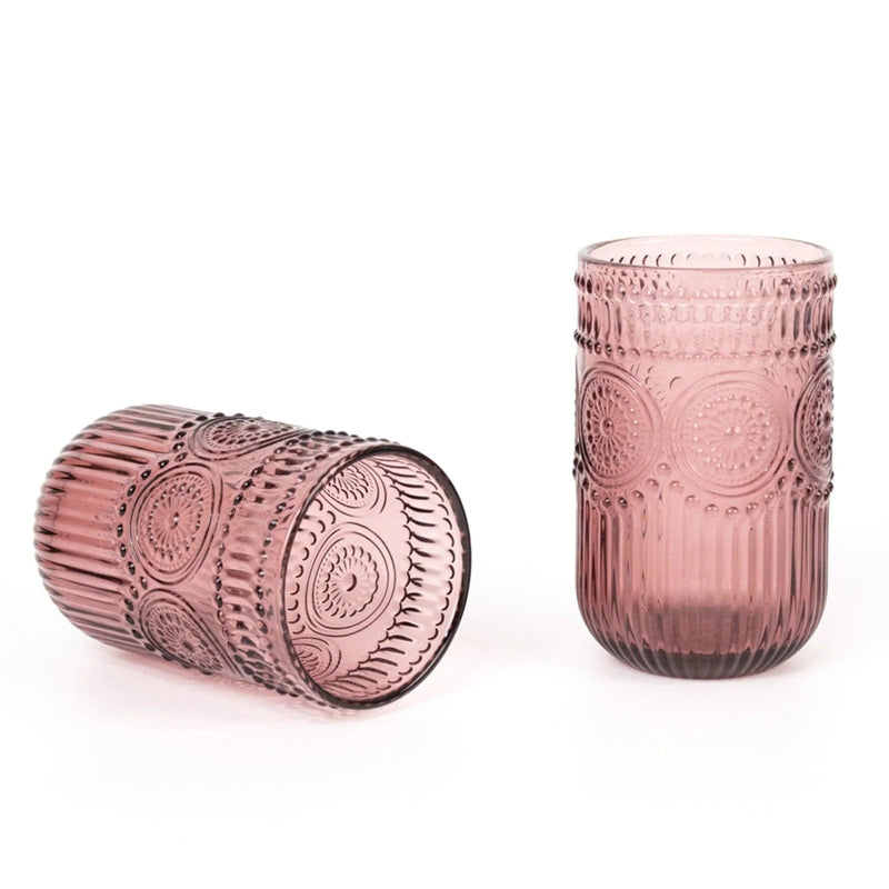 6 pcs 14 oz Glass Tumblers with Embossed Vintage Floral Pattern