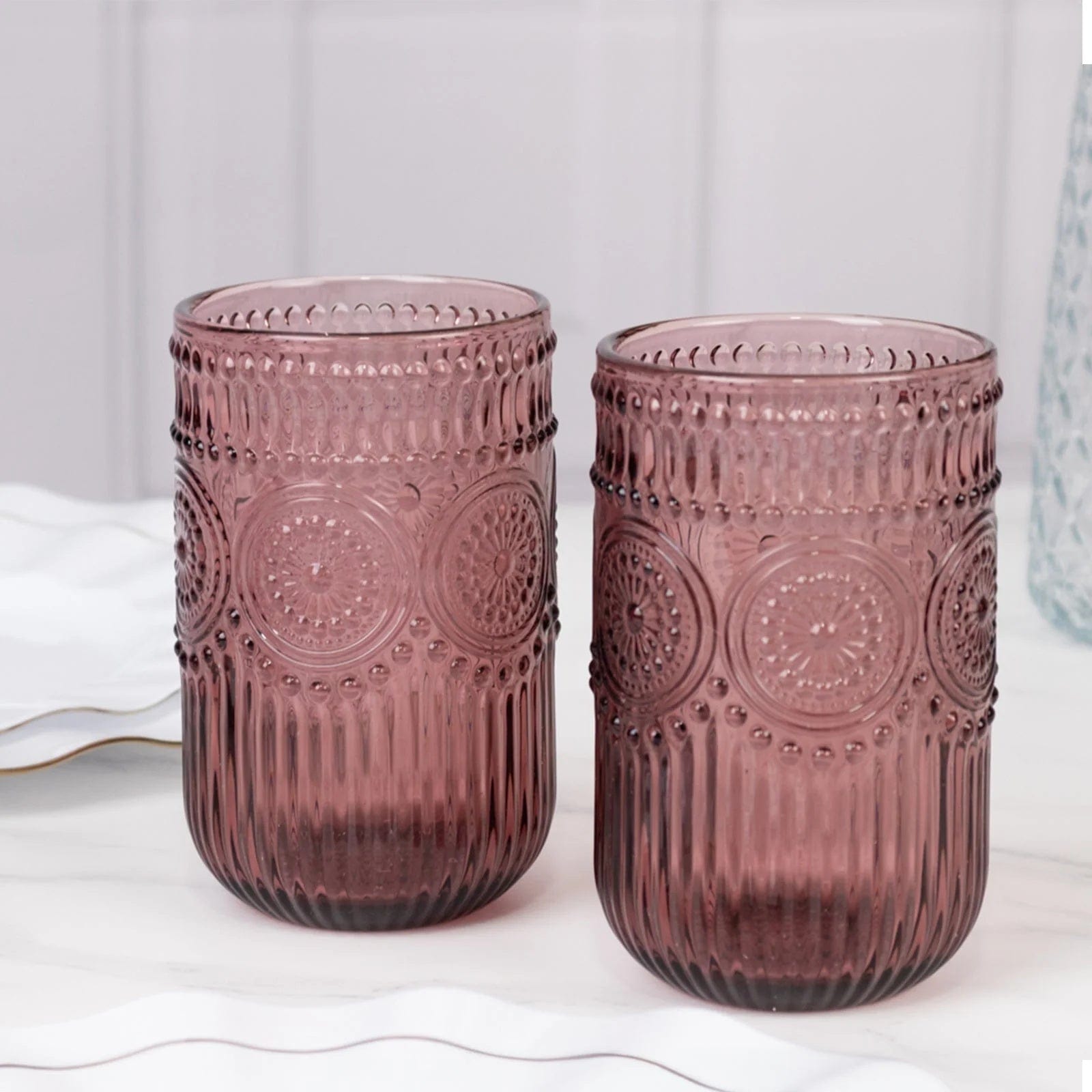 6 pcs 14 oz Glass Tumblers with Embossed Vintage Floral Pattern
