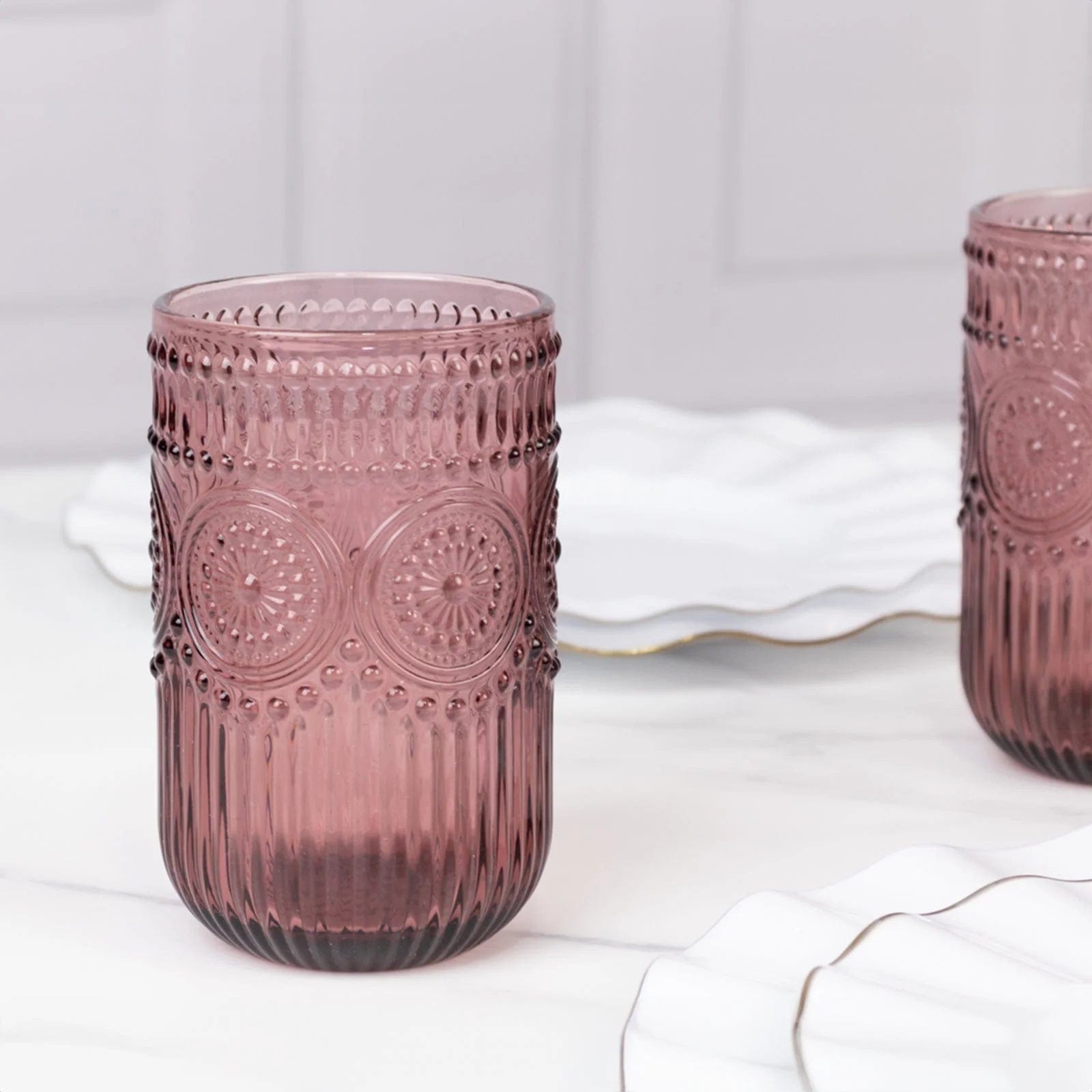 6 pcs 14 oz Glass Tumblers with Embossed Vintage Floral Pattern