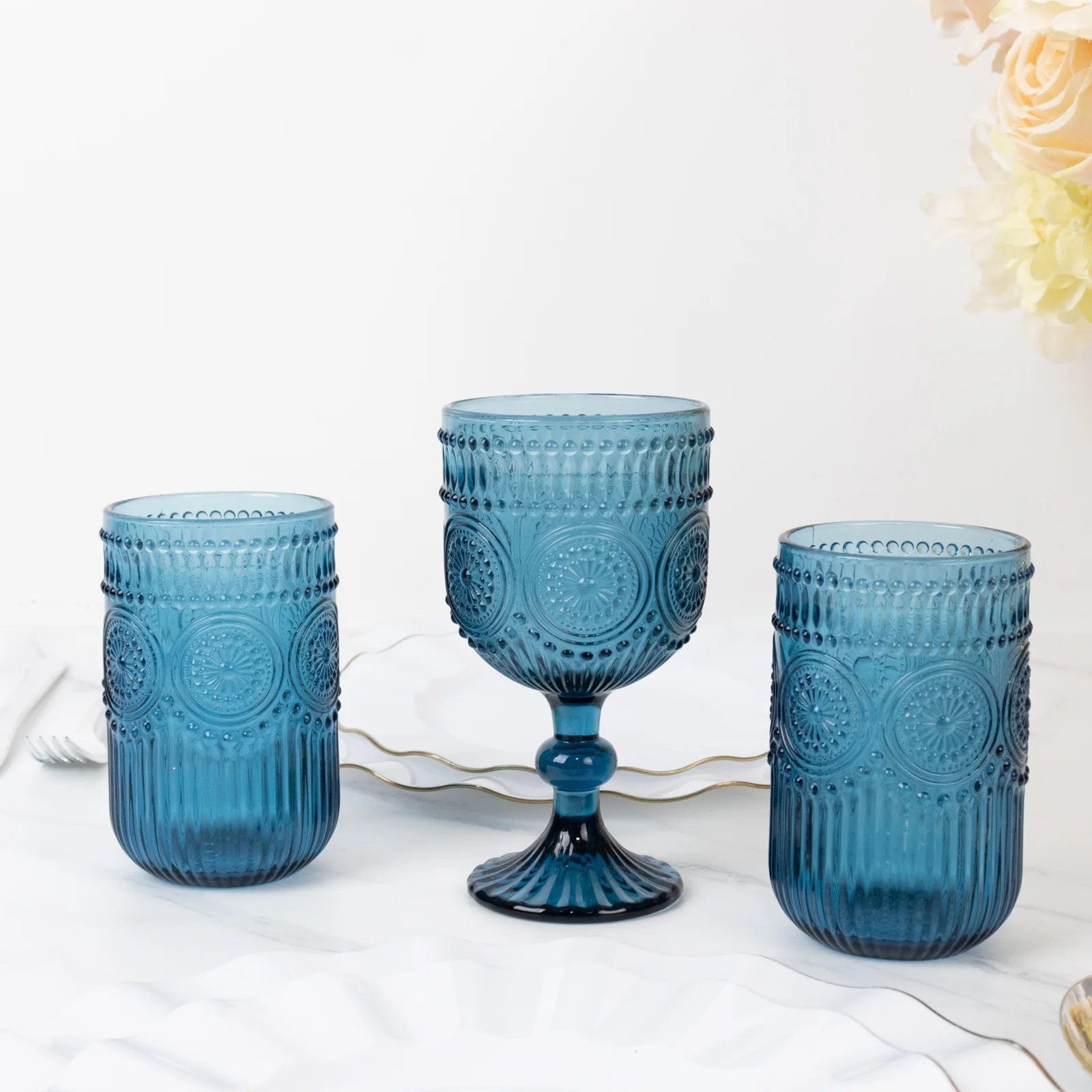 6 pcs 14 oz Glass Tumblers with Embossed Vintage Floral Pattern