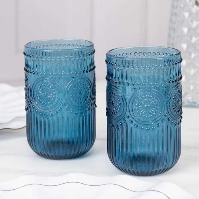 6 pcs 14 oz Glass Tumblers with Embossed Vintage Floral Pattern