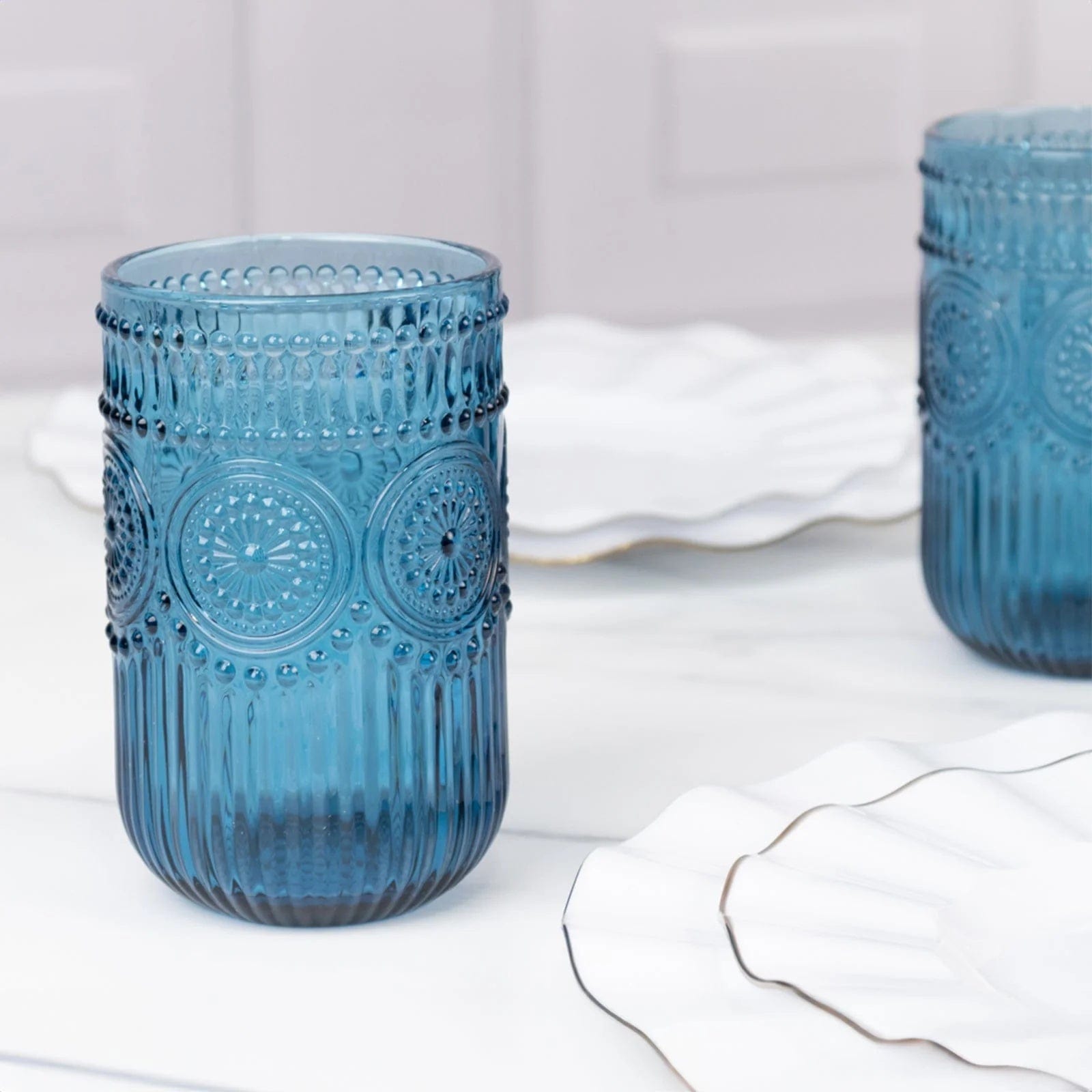 6 pcs 14 oz Glass Tumblers with Embossed Vintage Floral Pattern