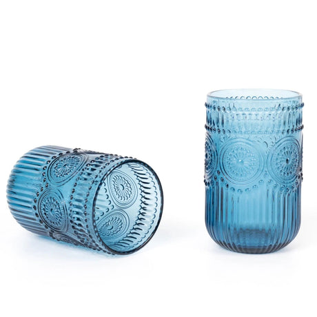 6 pcs 14 oz Glass Tumblers with Embossed Vintage Floral Pattern