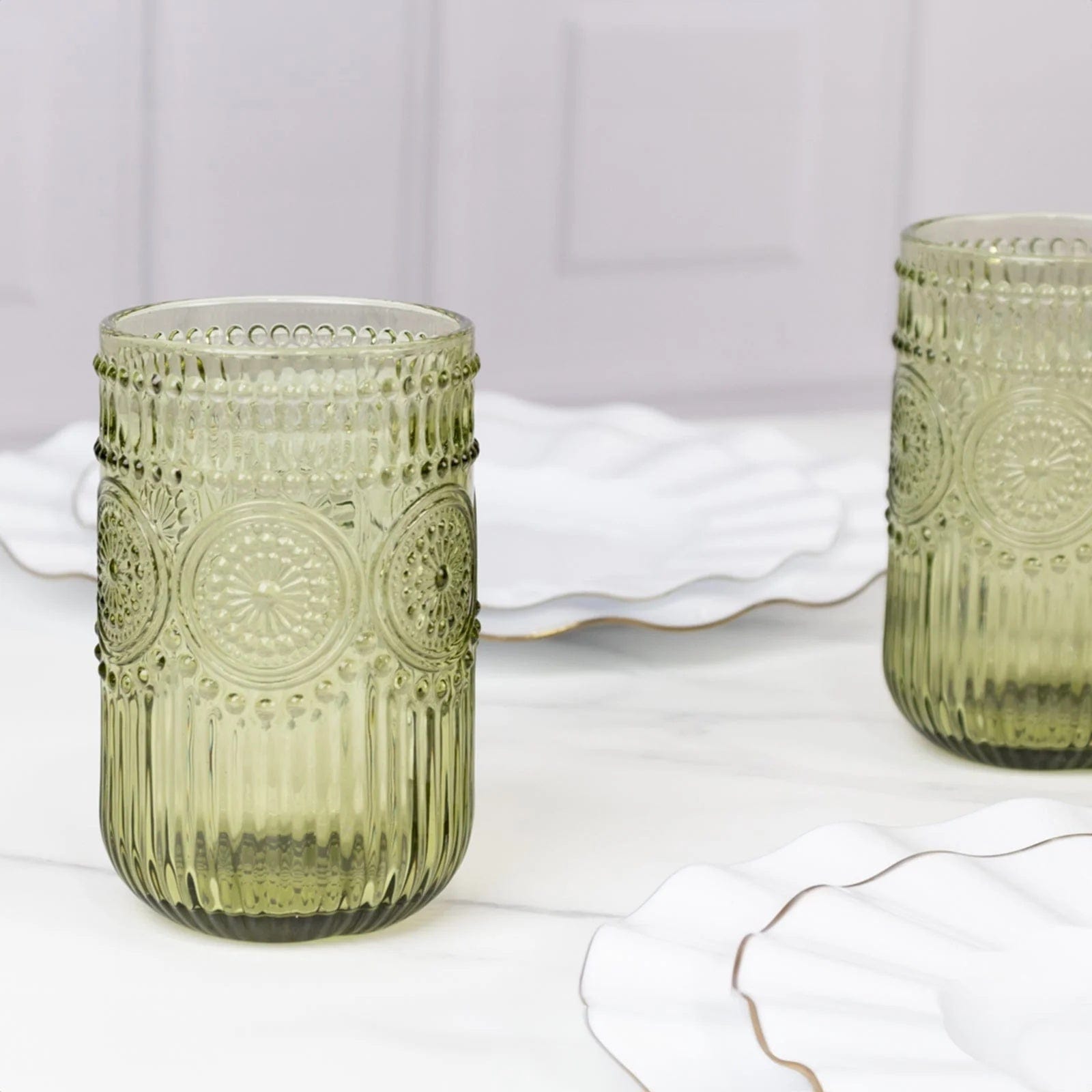 6 pcs 14 oz Glass Tumblers with Embossed Vintage Floral Pattern