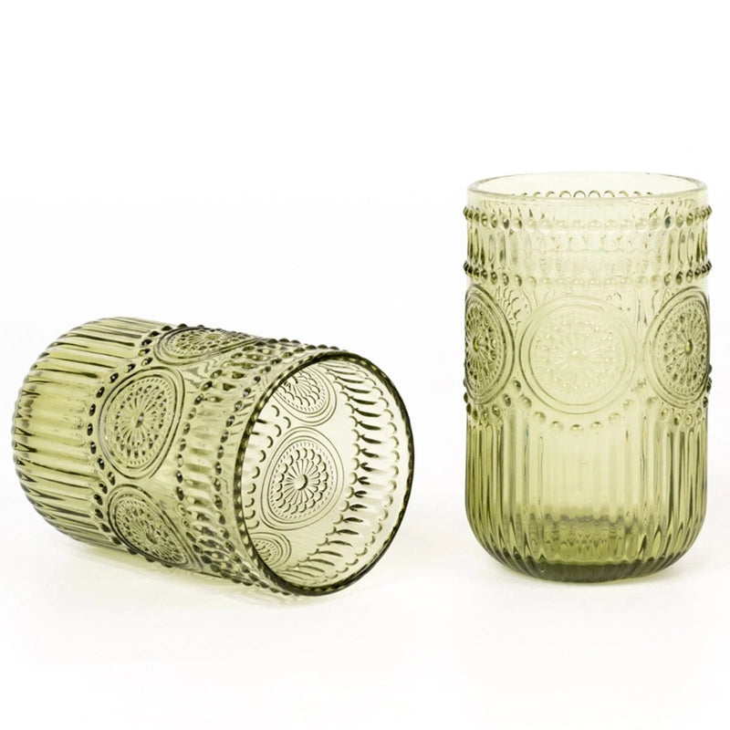 6 pcs 14 oz Glass Tumblers with Embossed Vintage Floral Pattern