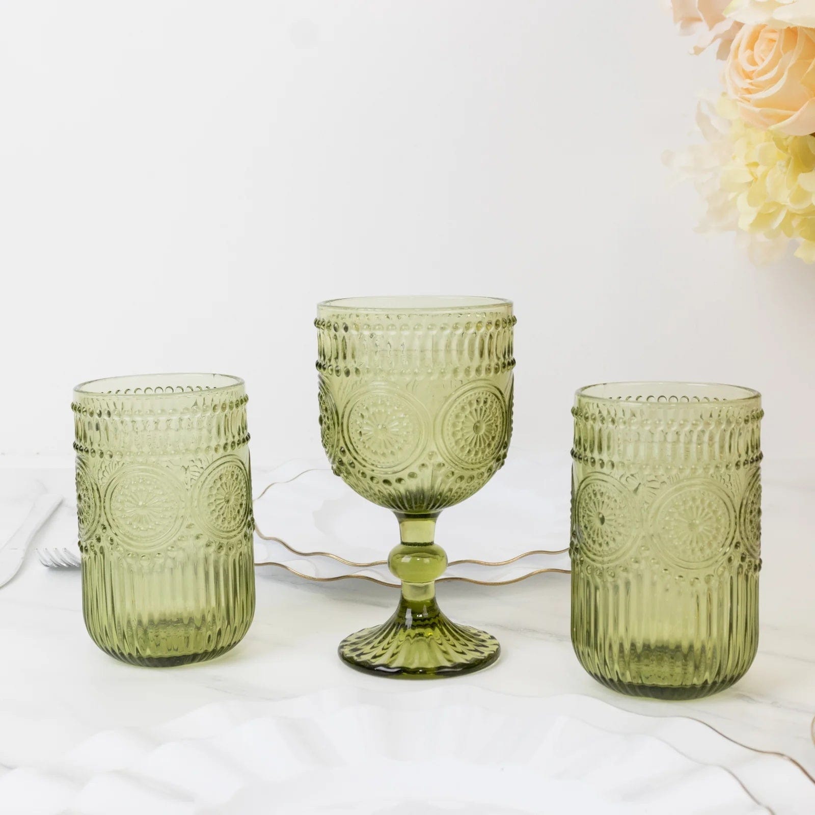 6 pcs 14 oz Glass Tumblers with Embossed Vintage Floral Pattern