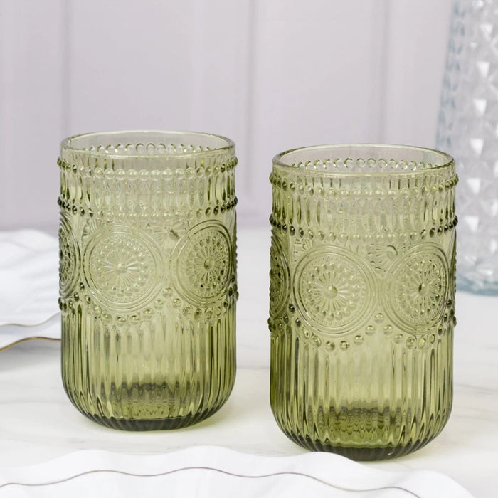 6 pcs 14 oz Glass Tumblers with Embossed Vintage Floral Pattern