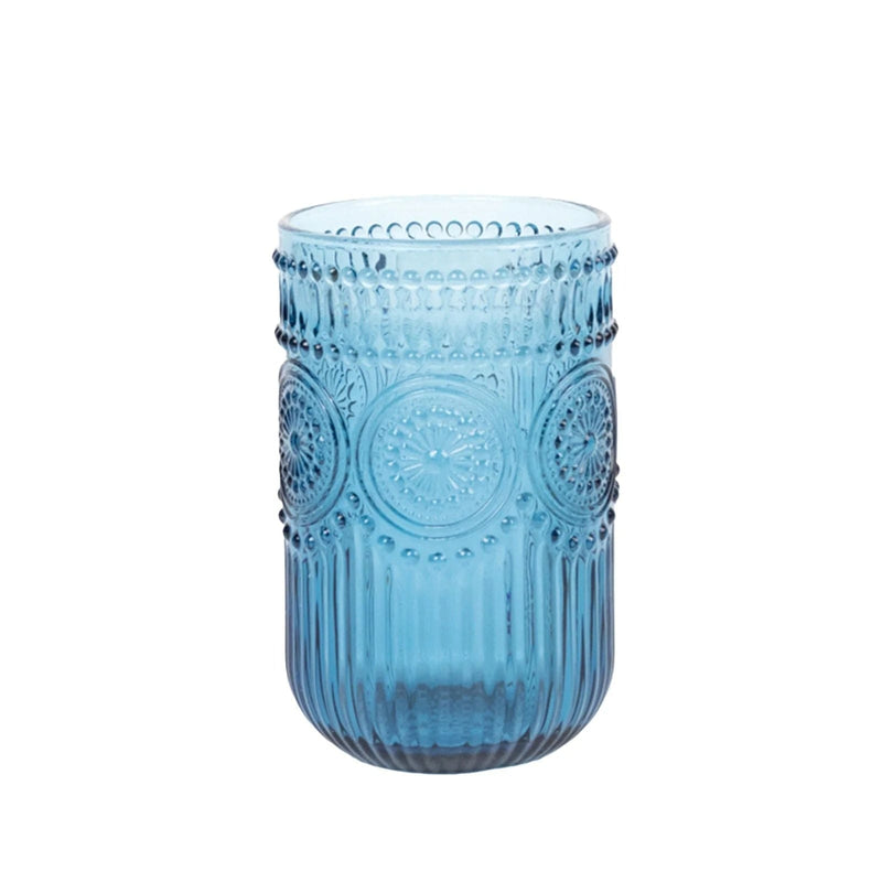 6 pcs 14 oz Glass Tumblers with Embossed Vintage Floral Pattern GLAS_CUCT005_14_BLUE
