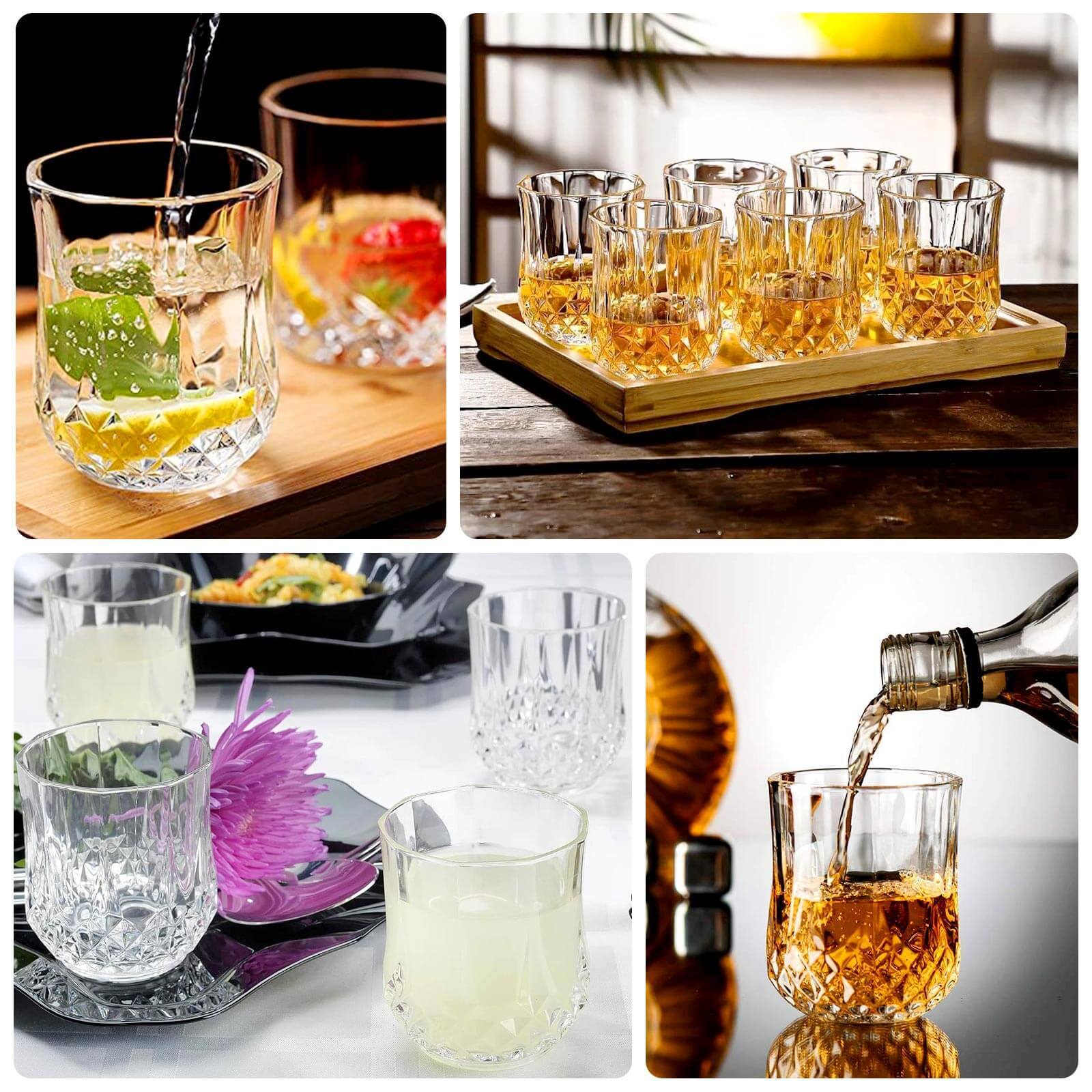 6 pcs 8 oz Crystal Cut Plastic Stemless Wine Glasses